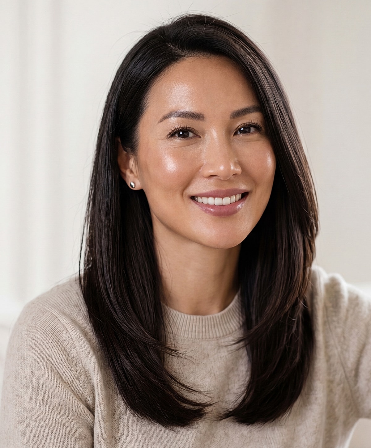 Smiling woman with long hair in sweater.