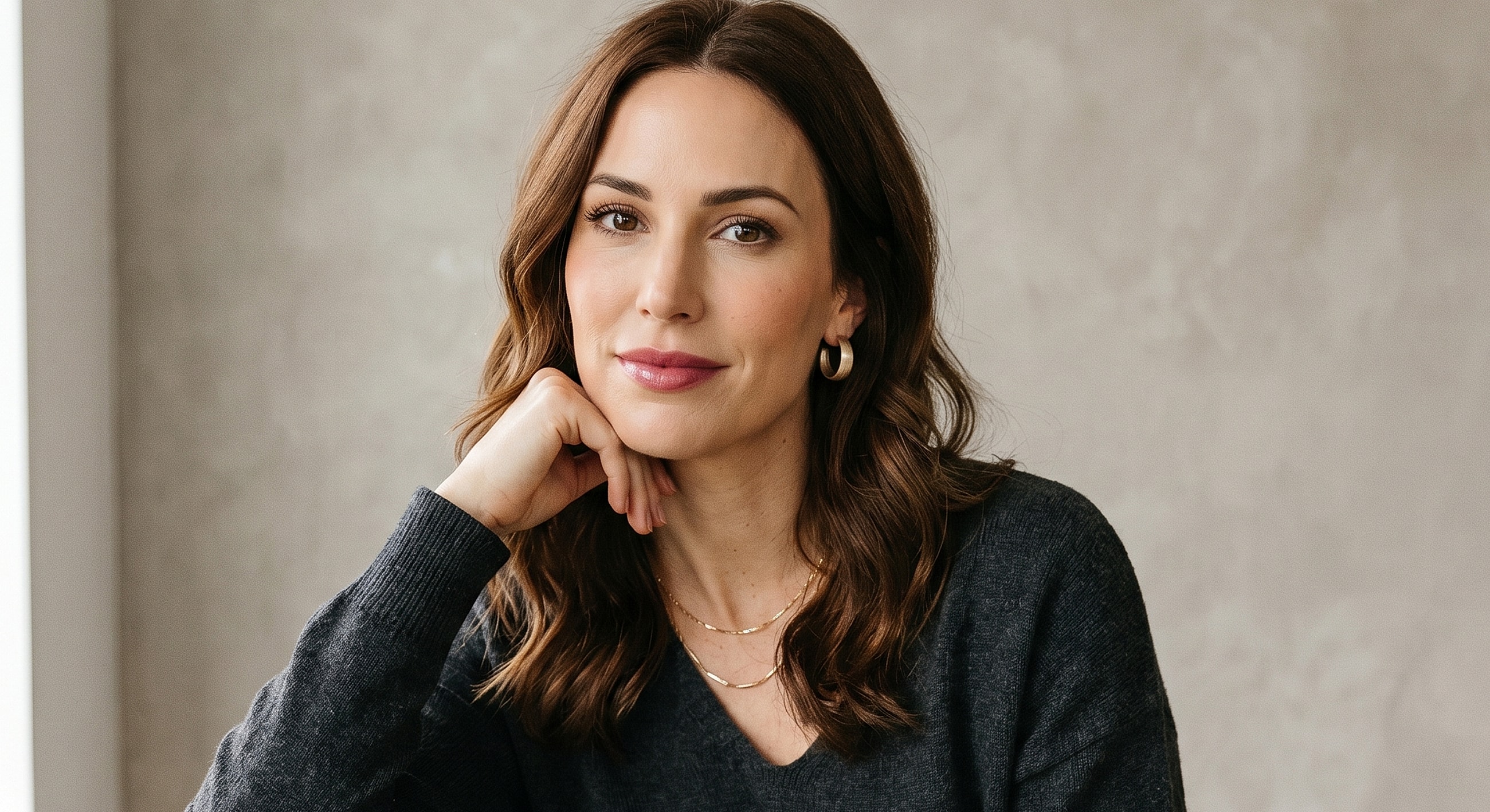 Woman in sweater with thoughtful expression and jewelry.