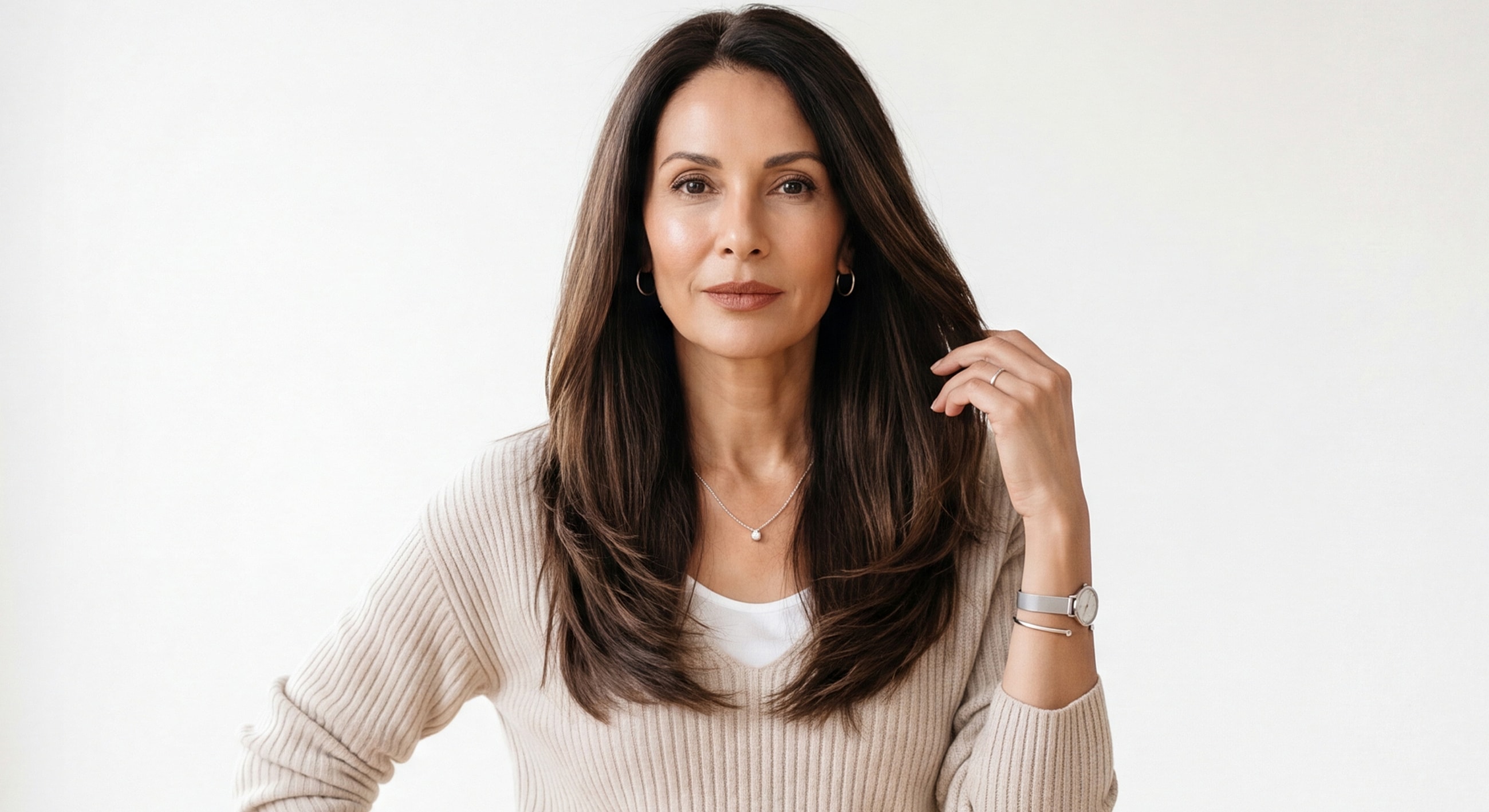 Woman with long hair wearing a beige sweater.
